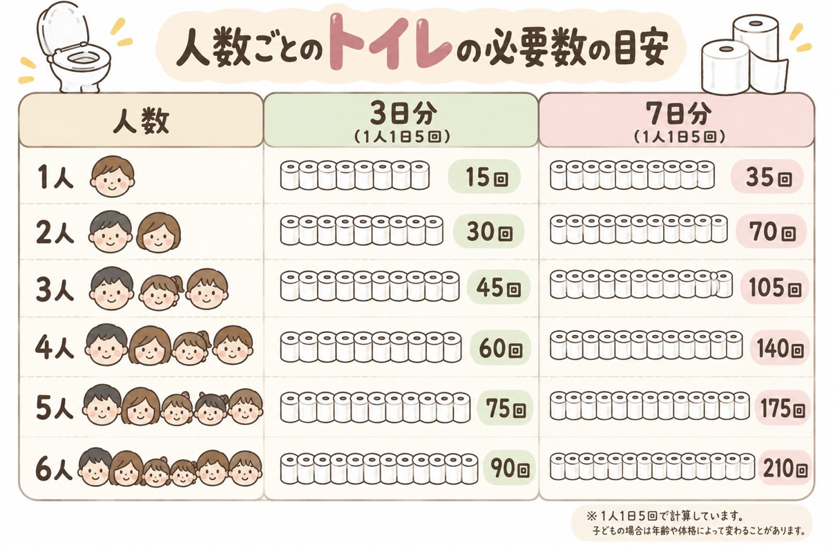 人数別の簡易トイレの必要回数。3日分と7日分の目安