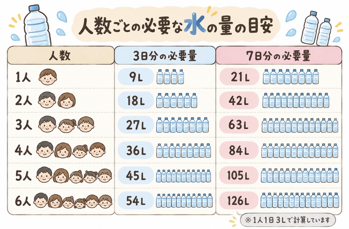 人数別の水の必要量。3日分と7日分の目安